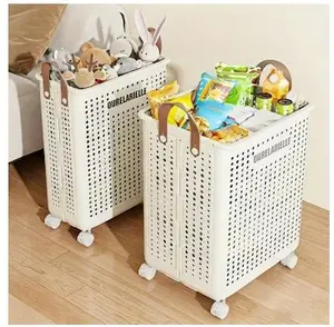 Large Foldable Wheeled Laundry Basket, Faux Leather Solid Color, Versatile Folding