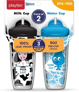Playtex Baby Sipsters Stage 3 Spill-Proof, Leak-Proof, Insulated Toddler Straw Sippy Cups - Milk and Water, 9 Oz, 2 Count