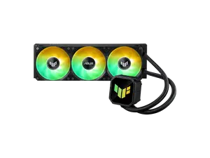 ASUS TUF Gaming LC III 360 ARGB LCD with pre-installed & integrated triple fans designed for high airflow and static pressure; 2.8" LCD for hardware monitoring, custom GIFs and MP4 video clips