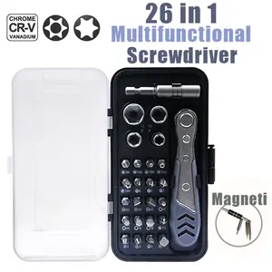 26pcs Ratchet Wrench & Screwdriver Set, with Adjustable Ratchet Handle, High - Hardness Bits, for Automotive Repair, Machinery Maintenance, Household Use, Compact & Portable, Ergonomic Design, Sleek Metallic Finish, Durable Construction