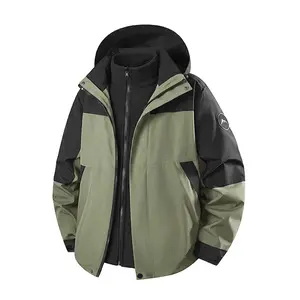 Single-piece color-block 3-in-1 softshell jacket with fleece lining, windproof and waterproof, outdoor hiking outerwear