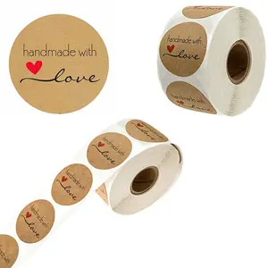 500 Pieces Roll Round Stickers Cowhide Thank You Handmade Adhesive Bakery Decoration Cartoon Labels, Holiday Decorative Stickers