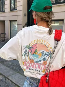 Women's Coconut Tree Island Graphics Print Tropical Half Sleeve T-Shirt, Casual Round Neck Top, Daily Wear, Everyday, Vacation Clothing, All Seasons