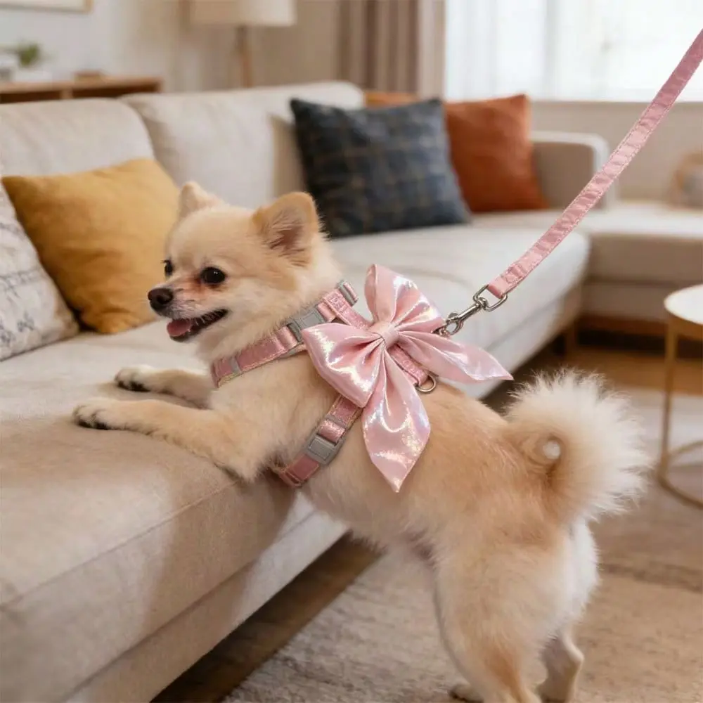 Shiny Big Bow Pet Harness, Adjustable Safety Harness, Soft & Cute Design, Available in Multiple Sizes, Perfect for Walks, Durable Dog Cat Accessory, Pomeranian Accessories