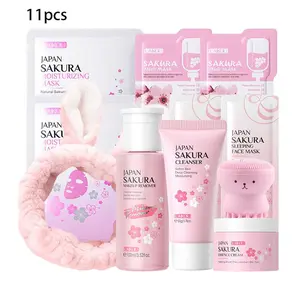 Sakura Skincare Set, 11pcs/set Moisturizing Skin Care Kit, Including Facial Cleanser, Face Cream, Makeup Remover, Mask, Makeup Puff, Headband, Gift for Girls & Women