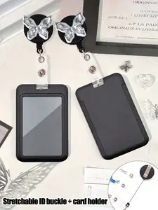 Unisex Diamond Butterfly Pattern Retractable Card Holder, Anti-Loss Pull Tab, Felt Embroidery Work Card Case, Student ID Bag, Sliding Design, Retractable Badge Holder