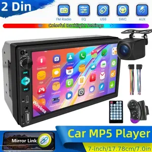 17.78 cm Car MP5 Player with Adjustable Rear View Camera | 2DIN Touch Screen Stereo Radio, Wireless BT, Hands-Free Calling, Steering Wheel Control, Mirror Link, Type-C Port, FM/AUX/TF/USB, Without Battery