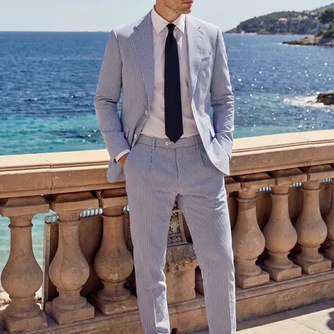 Men's 2-Piece Bubble Gauze Summer Slim Fit Suit - Business Suit Pants, Stripped Look, Wedding Wear, Polished for Weddings & Parties, Formal Groom Outfit