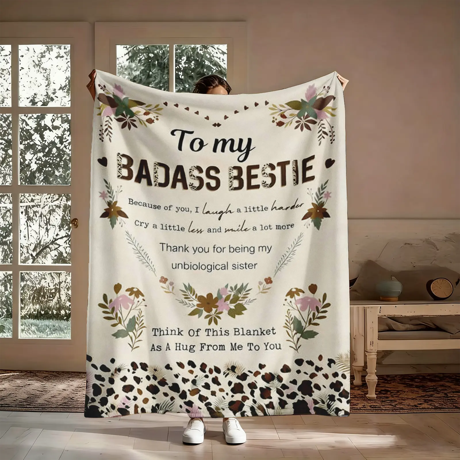 Flannel Fleece Blanket - Heartwarming Blanket Gift for Best Friend, Badass BFF Unbiological Sister Letter Soft Cozy Throw, Living Room Bedroom Decor Keepsake for Her Birthday, Flannel Fleece Blankets