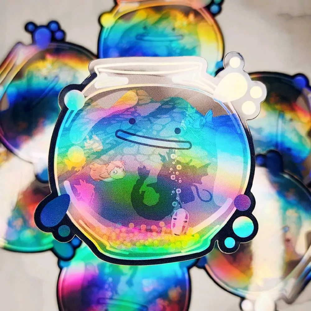 Ditto Fishbowl Holographic Vinyl Sticker with Inspiration Swimming Around, Colorful Design, Cute Fish Character, Fun and Vibrant Look