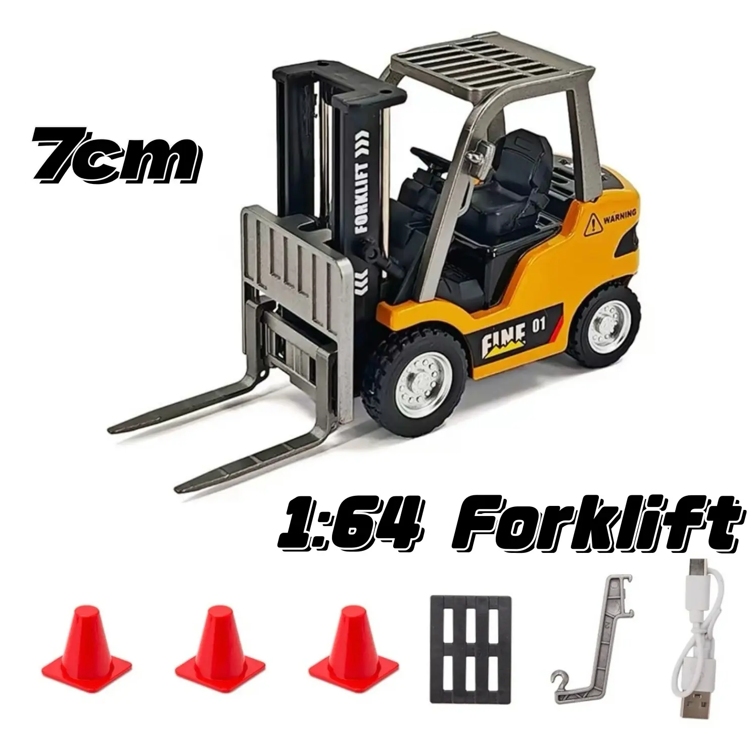 1:64 Scale Alloy Frame RC Forklift - BPA-Free Battery-Powered Scale Model Construction Vehicle, 2.4G Remote Control, 2-in-1 Crane-Forklift Modes, Cargo Hook, Controller, Forks, Pallet, 10KM/H Speed, 2-Hour Runtime, Kids' Indoor-Outdoor Play Toy Gift, Zinc