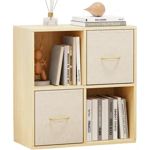 4 Cube Storage Organizer - Solid Wood Bookshelf with 2 Storage Bins, Cube Shelf with 2 Removable Back Panels, Vertical or Horizontal Bookcase, Open Book Shelf for Bedroom, Living Room, Office