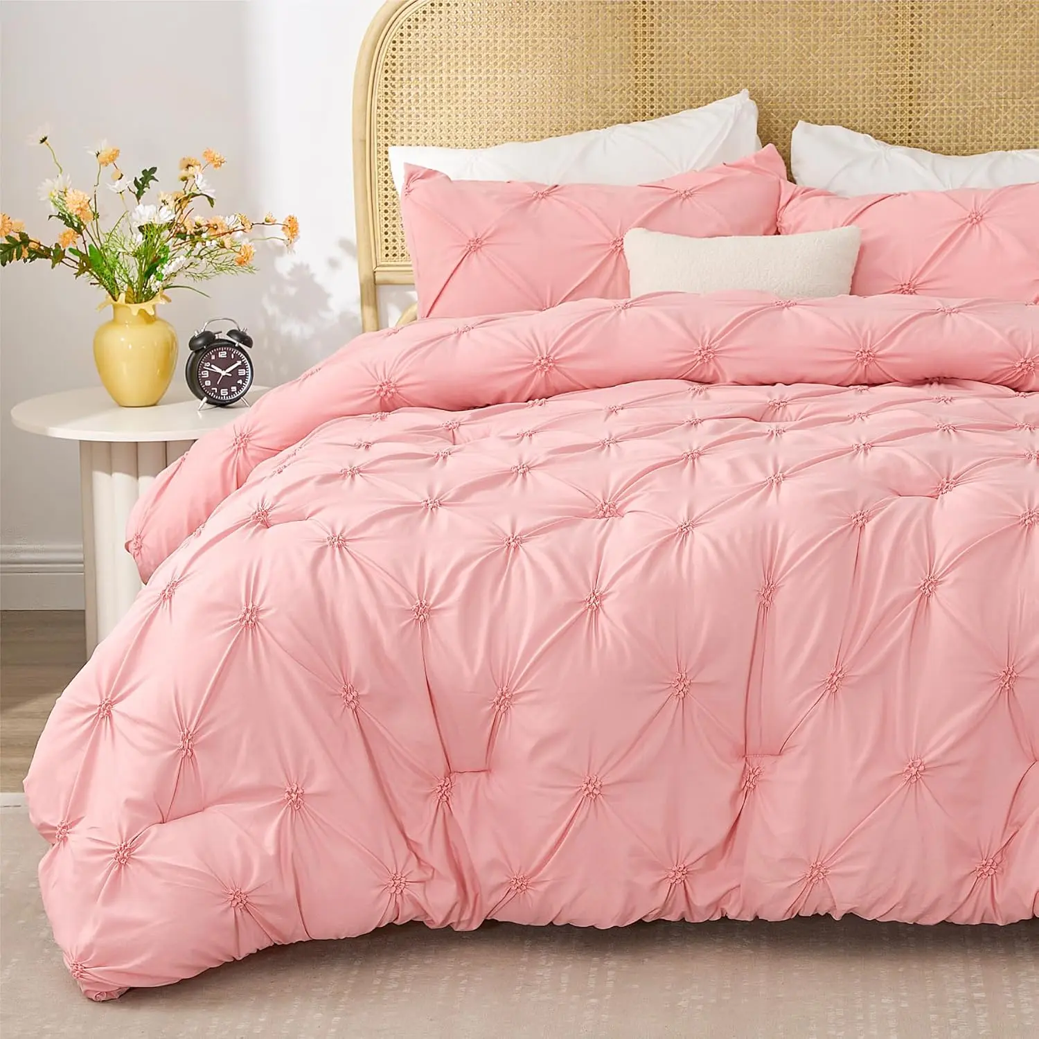 Pink Comforter Set  - 3 count Boho Pintuck Bedding Comforter Sets, Lightweight Soft & Warm Bed Comforter  with 2 Pillowcases for All Season