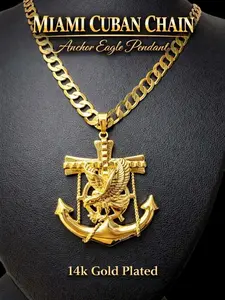 14K Gold Plated Sailor Anchor Eagle 1.77" Pendant Size Miami/Rope Cuban Chain - Unisex Jewelry Nautical Design
