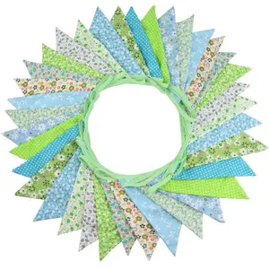10M/32Ft Triangle Bunting Banner, 36 Pcs Cotton Fabric Flags Pennant Garlands for Birthday Party, Wedding, Baby Shower, Outdoor and Home Decorations (Green)