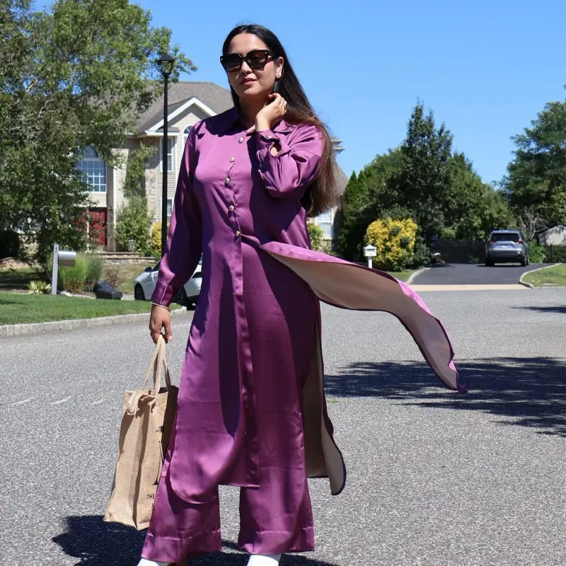 Purple pink satin silk reversible, long Kurta with wide leg pant Womenswear