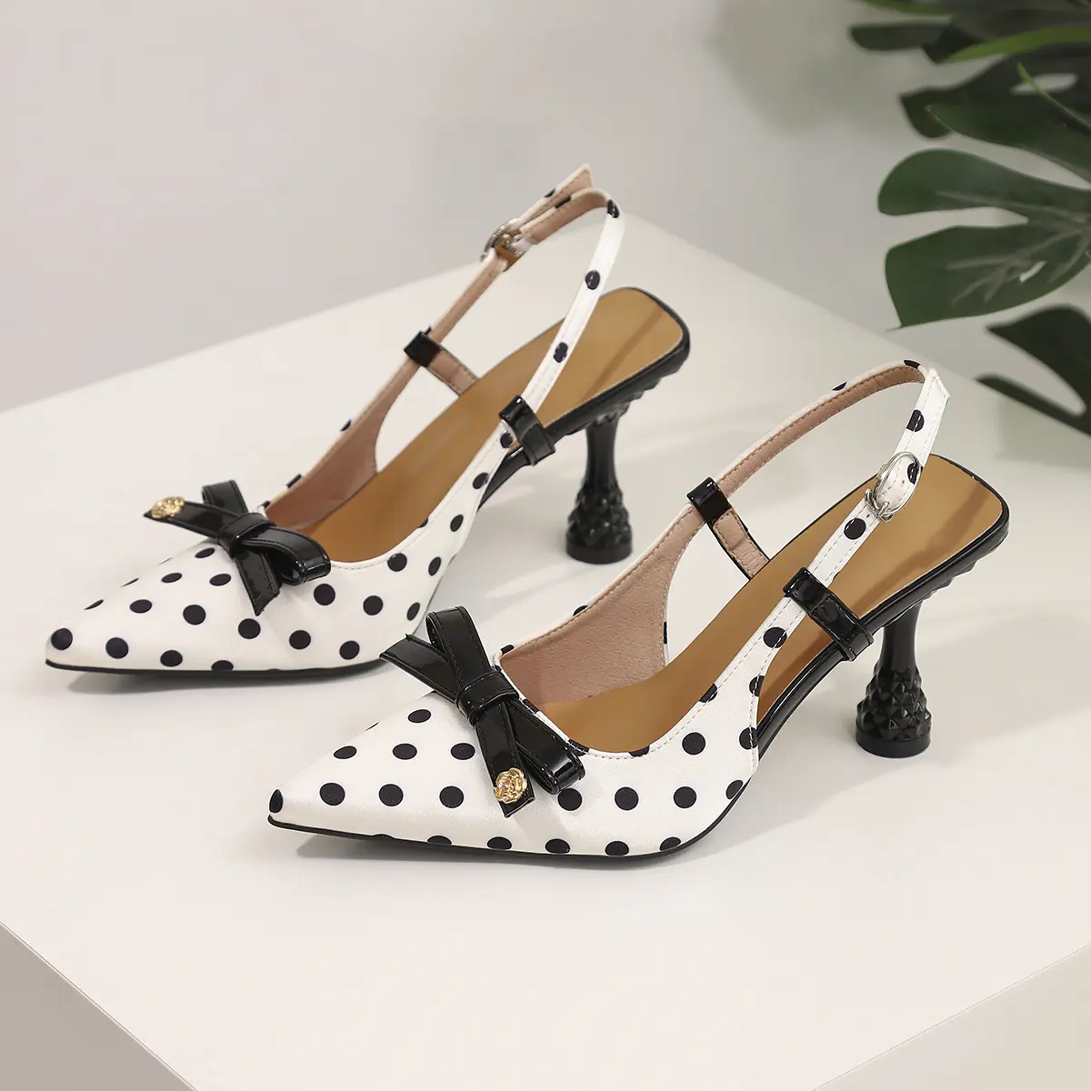Women's Polka Dot Sandals, Elegant Open-Back Pointed-Toe Stiletto Heel Shoe with an Adjustable Buckle Ankle Strap