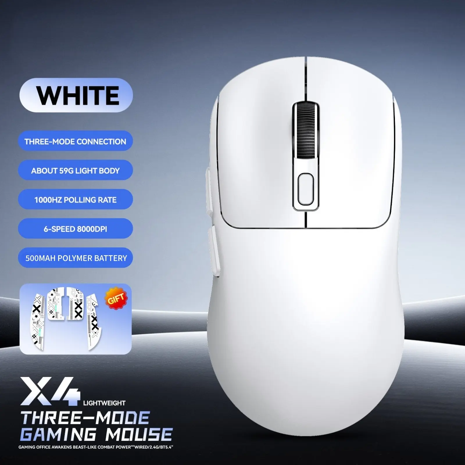 Ultra-Light Wireless Gaming Mouse, White&Sticker Tri-Modes BT5.2/Type-C Wired/2.4G, 8KDPI, 2 Programmable Buttons, 500mAh Battery, For Laptop, PC, Mac Gamer