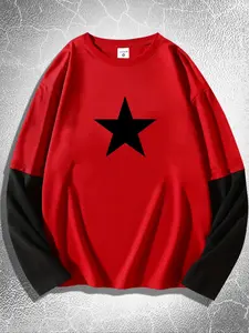 Men's Star Print Contrast Trim Long Sleeve Tee, Regular Fit Casual Fashion T-shirt for Daily Wear, Men's Top for All Seasons, Crewneck