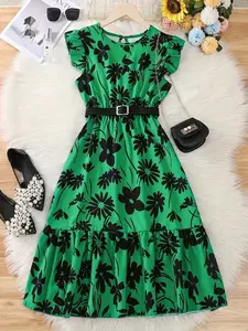 Teenage Girls Floral Midi Dress with Belt, Casual Round Neck, Pleated Sleeves, Polyester Fiber, Perfect for Summer, Floral Printed Dress