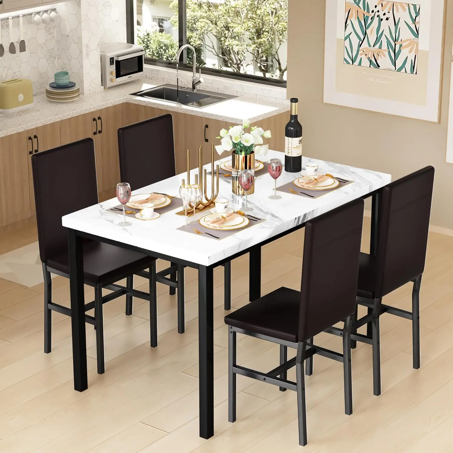 Hooseng 5-Piece Furniture Sets Table, Modern Faux Marble Dining Table Set of 4 with PU Leather Chairs, for 4-Person Dinette, Breakfast Nook, Black