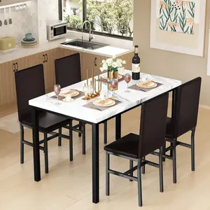Hooseng 5-Piece Faux Marble Dining Table Set | 1 Table + 4 PU Leather Upholstered Chairs | Black Metal Frame | Easy Assembly & All Tools Included | Modern Kitchen & Dining Room Set for 4 People