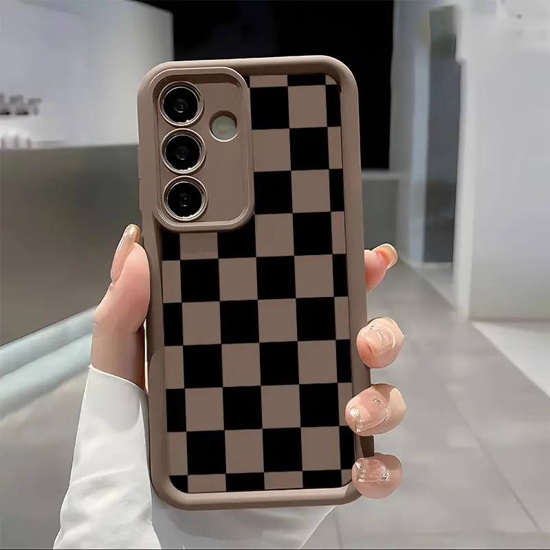 Black checkered Soft&Flexible TPU Silicone Phone Case For Galaxy S26 Ultra S25 Edge S24 FE S23 S22 S21 Plus A13 A14 A15 A16 A17 A33 A34 A35 A36 A52 A53 A54 NOTE20 Durable|Shockproof|Full Camera Protection|Anti-Fingerprint