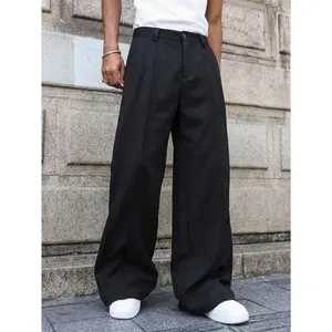 Men's Black High-Waist Pleated Wide-Leg Suit Pants - Clean Draped Fabric Trousers, Old Money Aesthetic, Korean Minimalist Smart Casual Essential, Oversized Alphabet Print Pants (Pair with Sneakers, Tee) Soft Mens Business Golf Pant