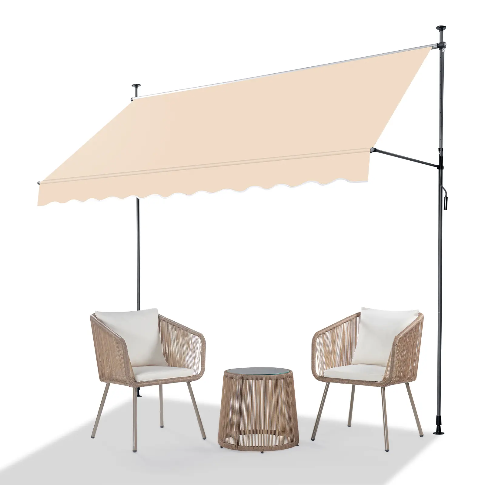 No-Drill Retractable Awning, 9.8' x 3.9' Waterproof Polyester Sun Shelter, Adjustable Outdoor Shade for Patios, Doors & Windows, UV50+, Khaki, Door/Window