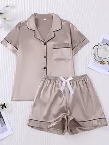 Women's Champagne Color High-End Short Sleeve Pajama Shorts Set, Casual Comfortable Loungewear Home Wear, Elastic Waistband, Pocket, All Seasons, Everyday