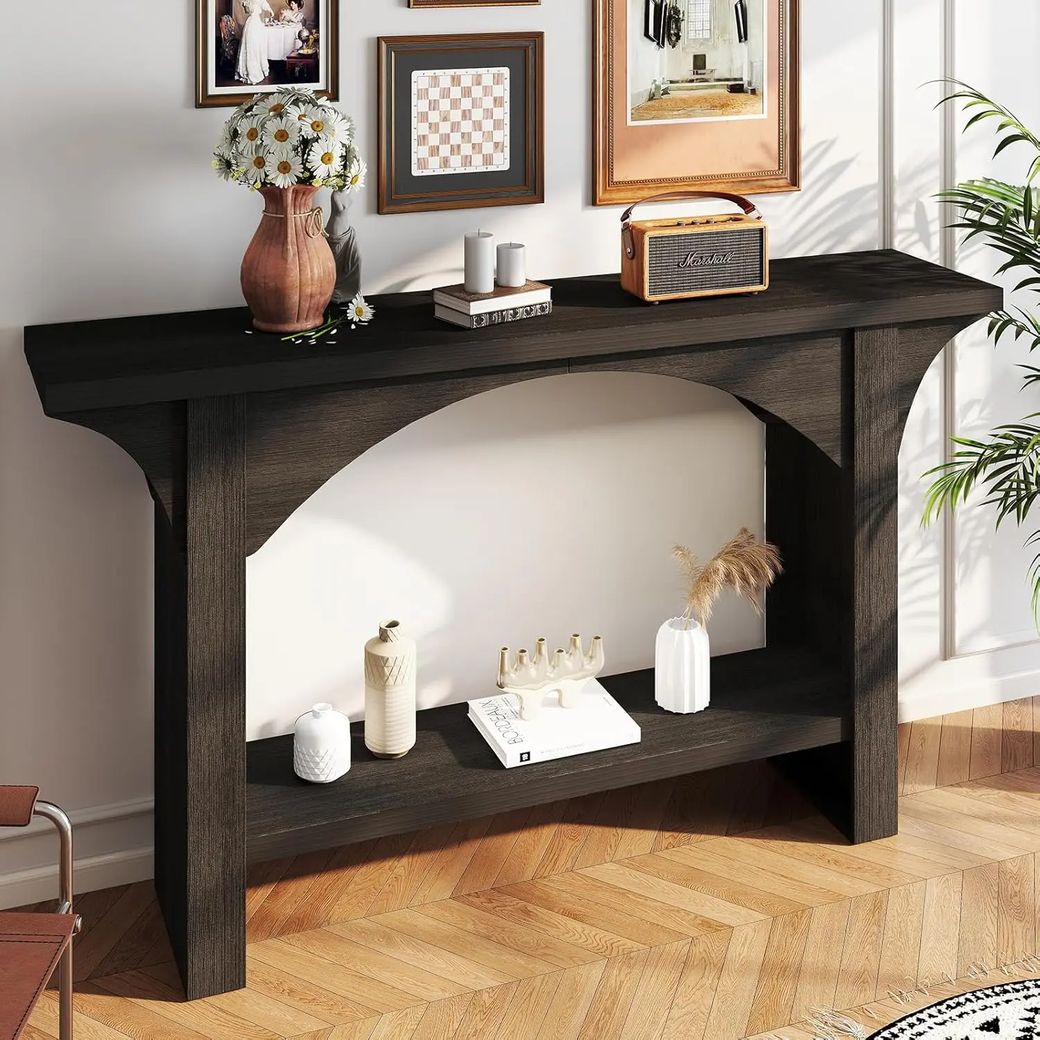 55-Inch Dresser Table, 2-Tier Farmhouse Style Entryway Table, Narrow Wooden Coffee Table with Storage Shelves for Living Room, Entryway, Hallway, Foyer