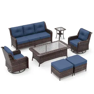 Kullavik 7PCS Rattan Patio Furniture Set, Wicker Outdoor Sofa Set w/2 Swivel Rocking Chairs, 2 coffee tables of different sizes, 2 Ottomans, Navy Blue