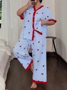 Two-Piece Set S-5xl Striped Heart Print Cardigan Top & Wide Leg Pants Sleepwear, Loose Fit Casual Comfortable, Outdoor & Indoor Wear