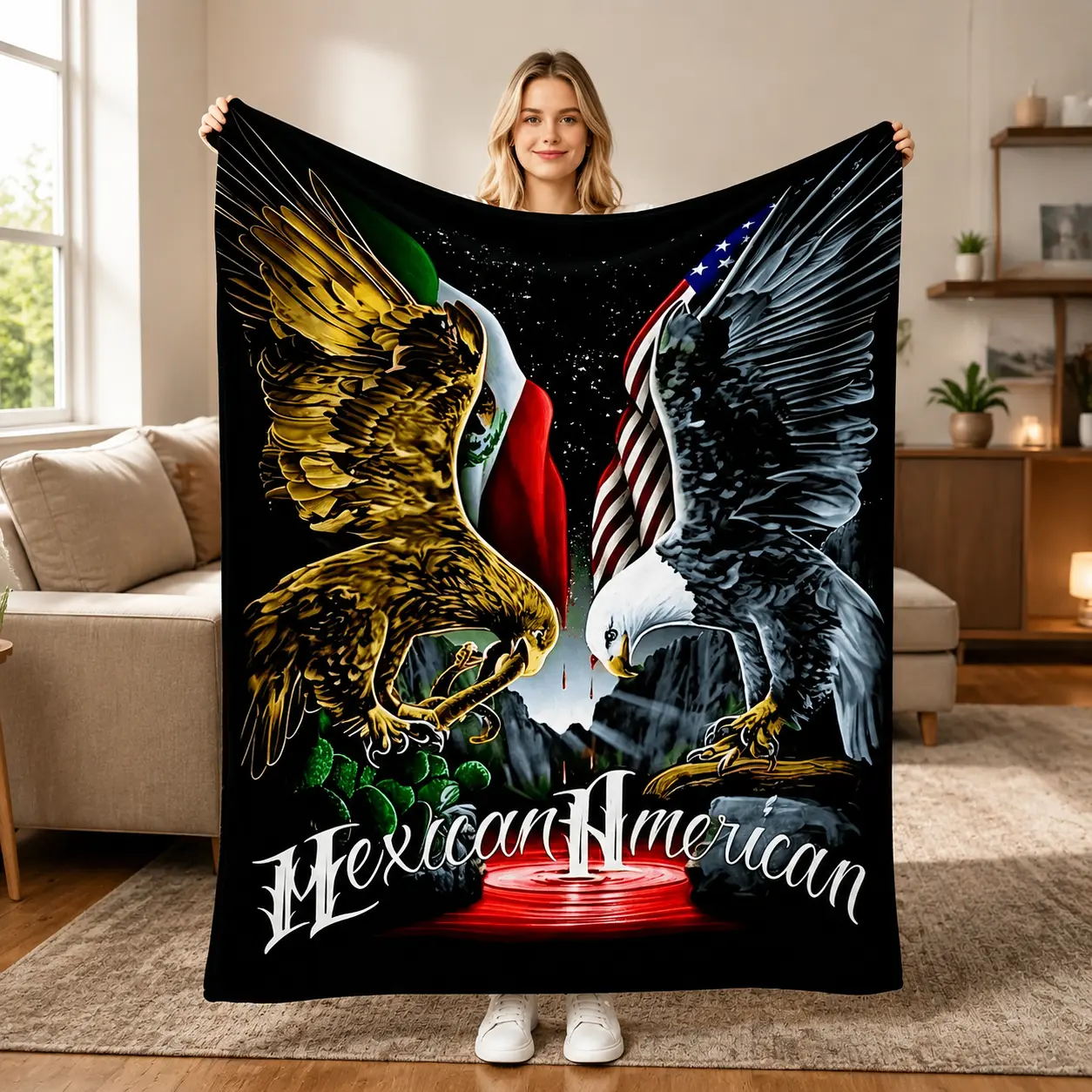 Mexican American Cultural Flannel Blanket, Dual Eagle Flag Heritage Design Throw Blanket, Soft Cozy Lightweight Fleece Blanket for Kids Adults, Premium Warm Blanket for Sofa Bed Bedroom Travel Camping, Unique Culture Lover Gift Home Decor