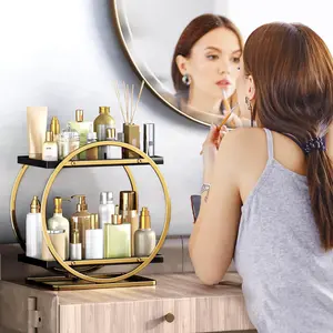 2-Tier Makeup & Perfume Organizer Black Gold | Vanity Countertop Skincare Storage Shelf Bathroom Dresser Cosmetic Display Rack for Makeup Perfume & Beauty Products Luxury Organizer Tray