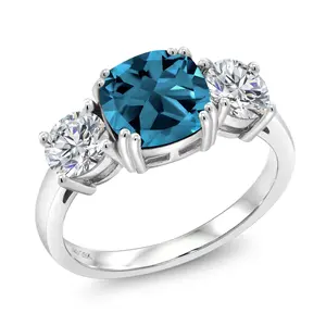 Gem Stone King 925 Sterling Silver London Blue Topaz and Lab Grown Diamond Engagement Ring For Women | 3.80 Cttw | Cushion 8MM | Gemstone November Birthstone