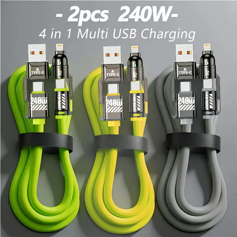2-Pack 240W 4-In-1 Multi-Functional USB Charging Cable, Type-C/USB-A/Lightning Interfaces for Mobile Phones & Electronics # long type c usb-c fast charge cable