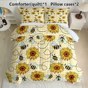 3pcs Sunflower Printed Quilted Blanket Set (1 Bedding+2 Pillowcases), with 200gsm filling and U-shaped stitching technology. Suitable for decorating bedrooms, dormitories, or homes for teenagers and children. Multiple sizes to choose from