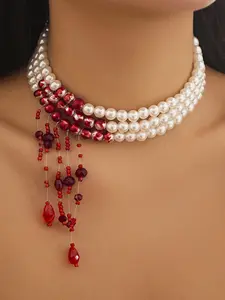 Sweet Cool Gothic Blood Drop Tassel Necklace Choker, Halloween Personalized Beaded Chain, Unique Party Jewelry Accessory