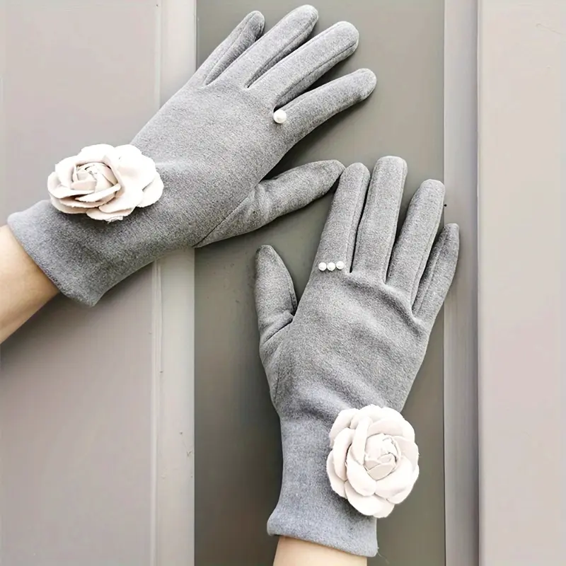 Women's Touchscreen Winter Gloves with -Adorned Floral Design - Soft Non-Elastic Cuff Gloves for Cold Weather, Casual Outings & Daily Use (Black/Beige/Gray/Light Pink), Grip Enhancing Gloves heated gloves winter gloves