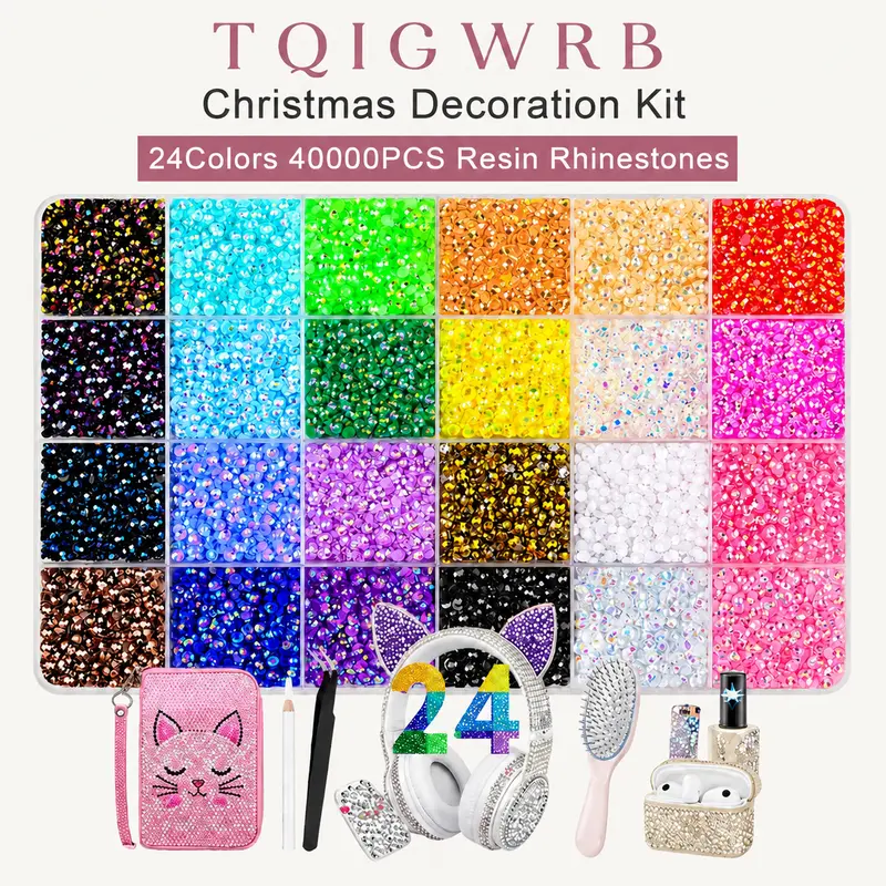 24 Colors Non-Hotfix Flatback Resin Rhinestones Box Set - 40000Pcs 3mm Durable Crystals Bling-Out Kit with Gifted Tools, Nail Art Accessories for DIY Crafts, Craft Enthusiasts
