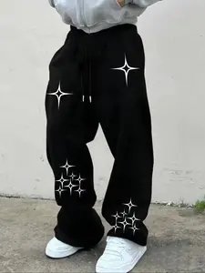 Men's Casual Sporty Long Pants, Athleisure Pants, Athleisure Style Bottoms, All-Season Loose-Fit Drawstring Wide Leg Sweatpants, Star Pattern Print, Suitable for Daily Wear