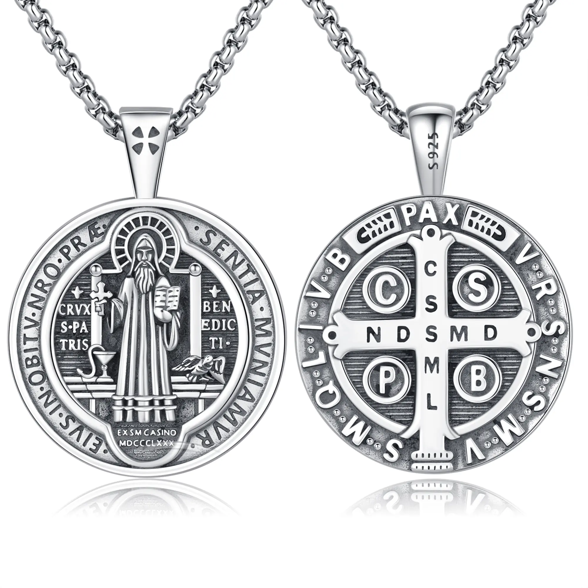 DRINSPER S925 Sterling Silver St. Benedict of Nursia Vintage Medal Jewellery Pendant Necklace - 1 Pendant, Adult Religious Sacramental Protection Amulet, Daily Gift (3 Months Warranty), Christian