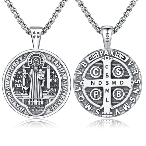 DRINSPER S925 Sterling Silver Vintage V.R.S. Exorcism St. Benedict of Nursia Jewellery Pendant Necklace with Extended Steel Box Chain - 1 Pendant, Unisex Adults Daily Sacred Amulet, All-Seasons Christian Sacramental Jewelry (3-Month Warranty)