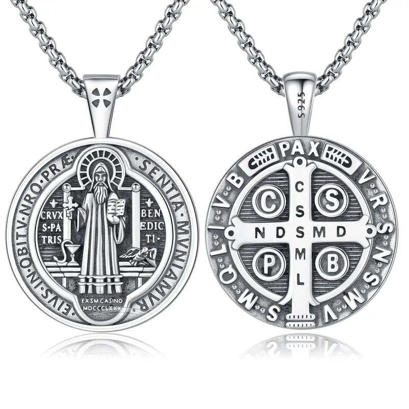 DRINSPER S925 Sterling Silver Vintage V.R.S. Exorcism St. Benedict of Nursia Jewellery Pendant Necklace with Extended Steel Box Chain - 1 Pendant, Unisex Adults Daily Sacred Amulet, All-Seasons Christian Sacramental Jewelry (3-Month Warranty)