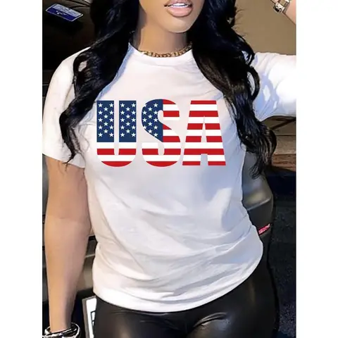 Women's Patriotic USA Flag Graphic Print Short-Sleeve Crew Neck T-Shirt - , Medium Stretch Breathable Fabric, Machine Washable, 1-Piece Oversized Fit Spring Summer Casual Top for Independence Day & Casual Attire