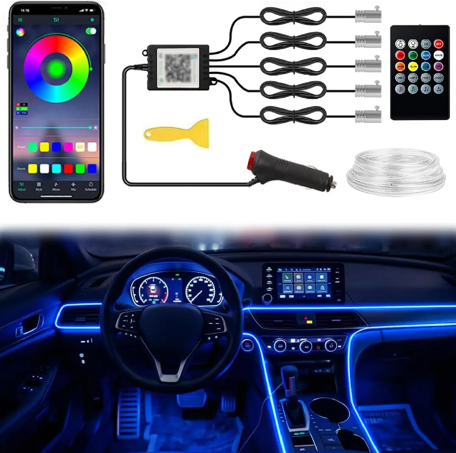 Car LED Interior Strip Light, 16 Million Colors 5 in 1 with 236 inches Fiber Optic, Multicolor RGB Sound Active Automobile Atmosphere Ambient Lighting Kit - Wireless Bluetooth APP Control