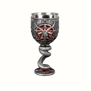 Occult Pentagram Goat Head Resin Goblet - Stainless Steel Liner, Gothic Snake Stem Chalice for Halloween, Dark Aesthetic Enthusiasts