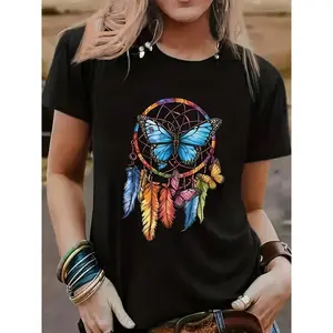 Women's 180g Black Cotton Crew Neck Short Sleeve Dreamcatcher with Butterflies Graphic Tee, Bohemian Feather Print T-Shirt, Casual Summer Top, Stylish Multicolor Artistic Design, Soft Breathable Fabric, Ideal for Everyday Wear