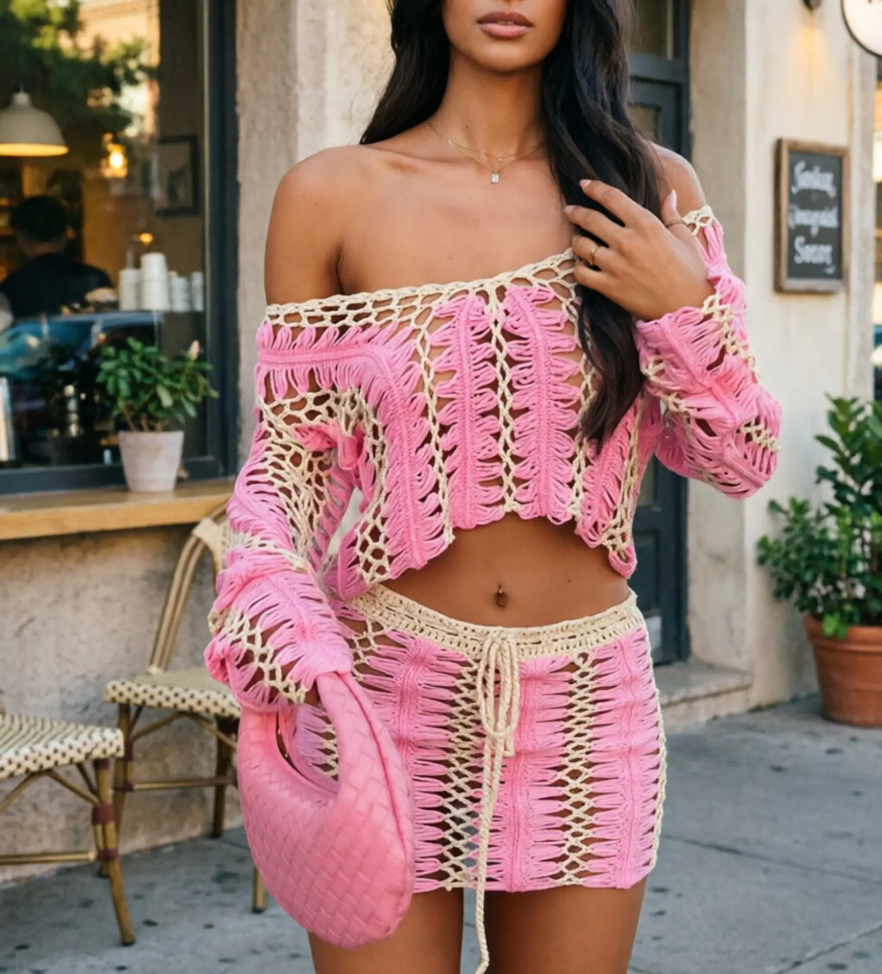 Womenswear New Sexy Summer Set - Striped Crochet Cut-Out Sheer Mini Skirt, Matching Top, Casual Vacation Beachwear